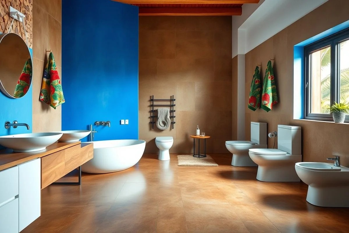 Banheiro moderno com piso de cimento queimado e parede azul vibrante com toalhas estampadas.