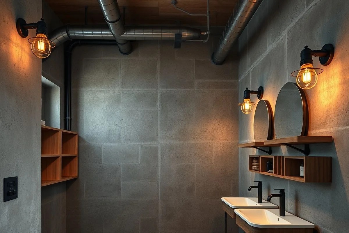 Banheiro em estilo industrial com paredes de cimento queimado e tubulações aparentes.