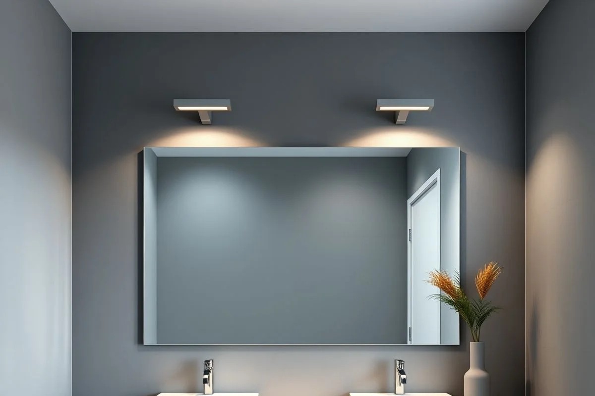 Banheiro cinza com iluminação moderna e funcional