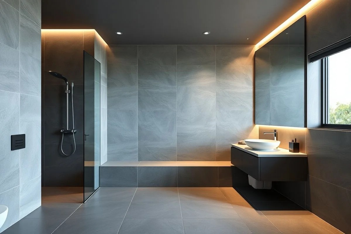 Banheiro moderno com porcelanato cinza, espelho grande, design contemporâneo.