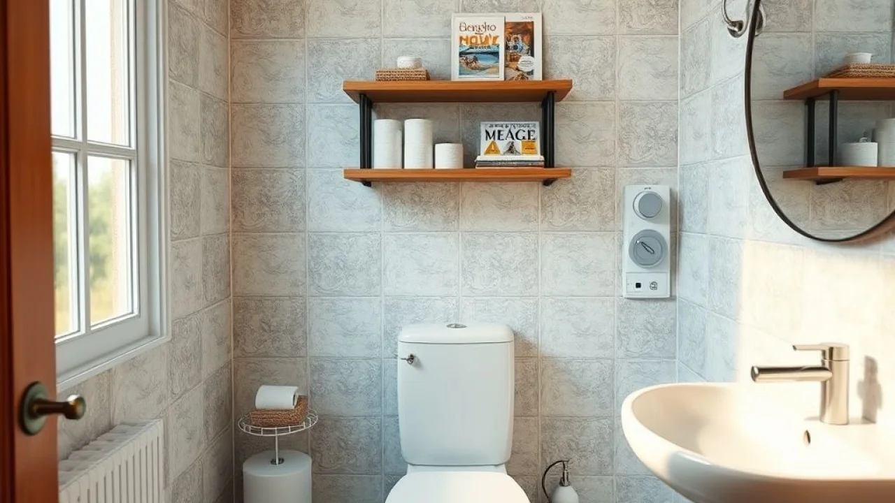 Prateleiras acima do vaso sanitário com papel higiênico e revistas