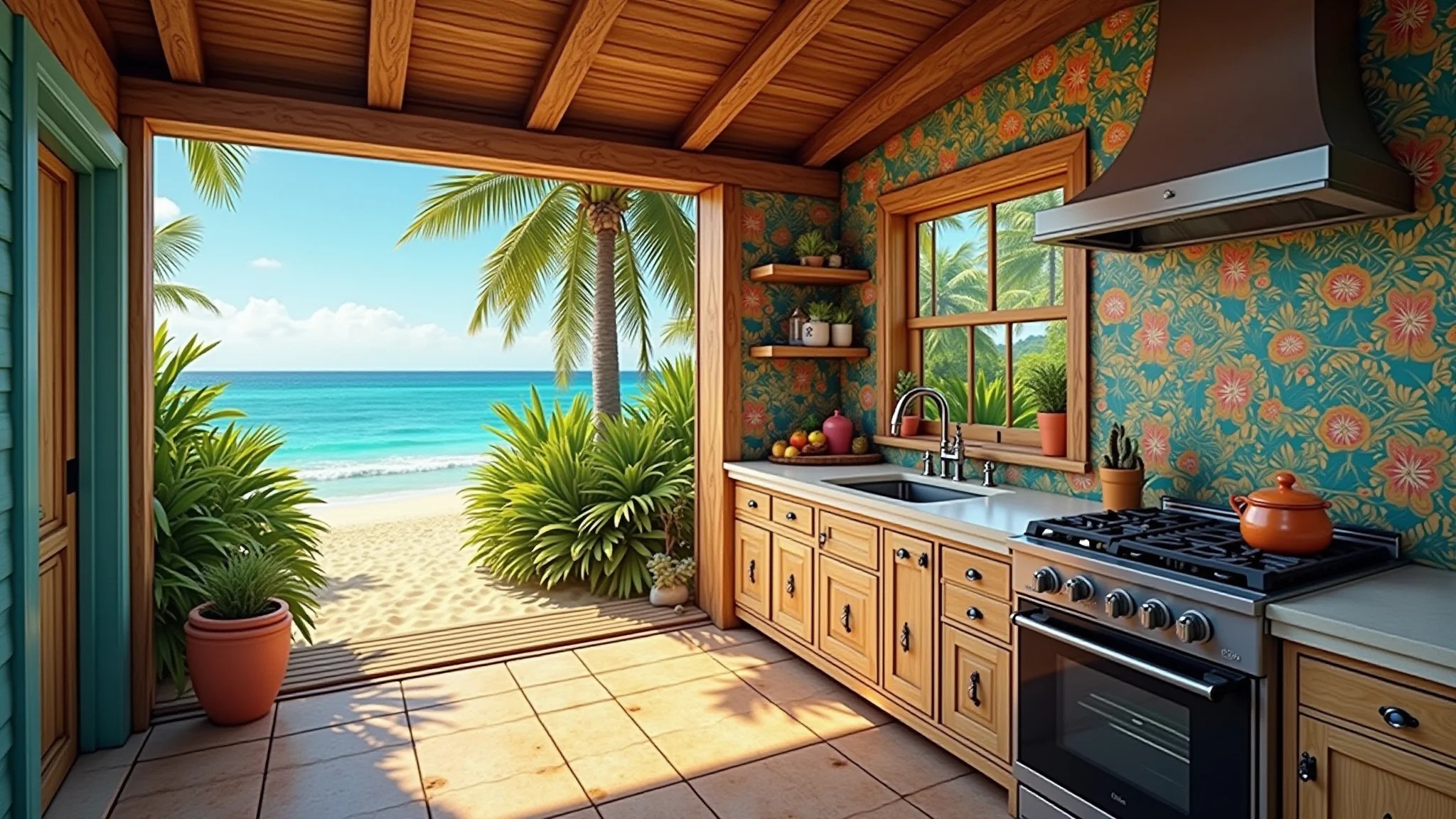 Cozinha de praia brasileira com azulejos coloridos e plantas tropicais.