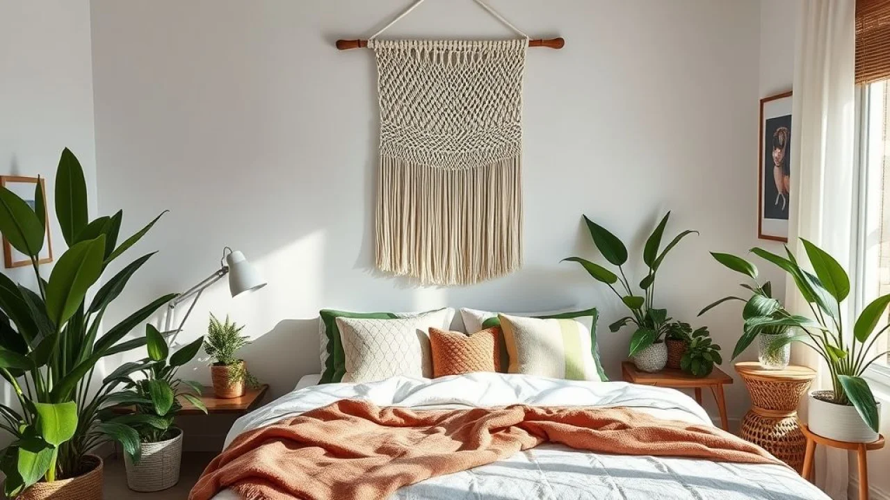 Quarto de casal decorado com plantas, almofadas e arte, toque pessoal brasileiro.