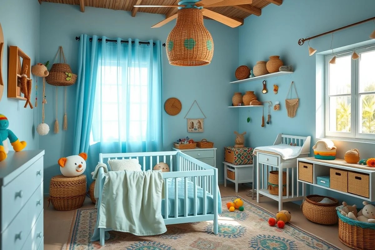 Quarto de bebê brasileiro com tons suaves de azul bebê e decoração delicada