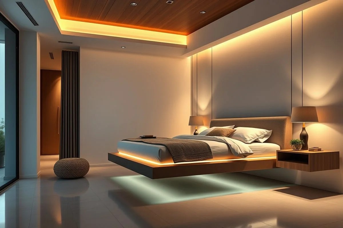 Quarto brasileiro com cama suspensa e iluminação inteligente controlada por app.
