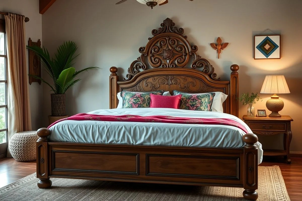Cama normal de madeira com cabeceira elegante em quarto brasileiro.