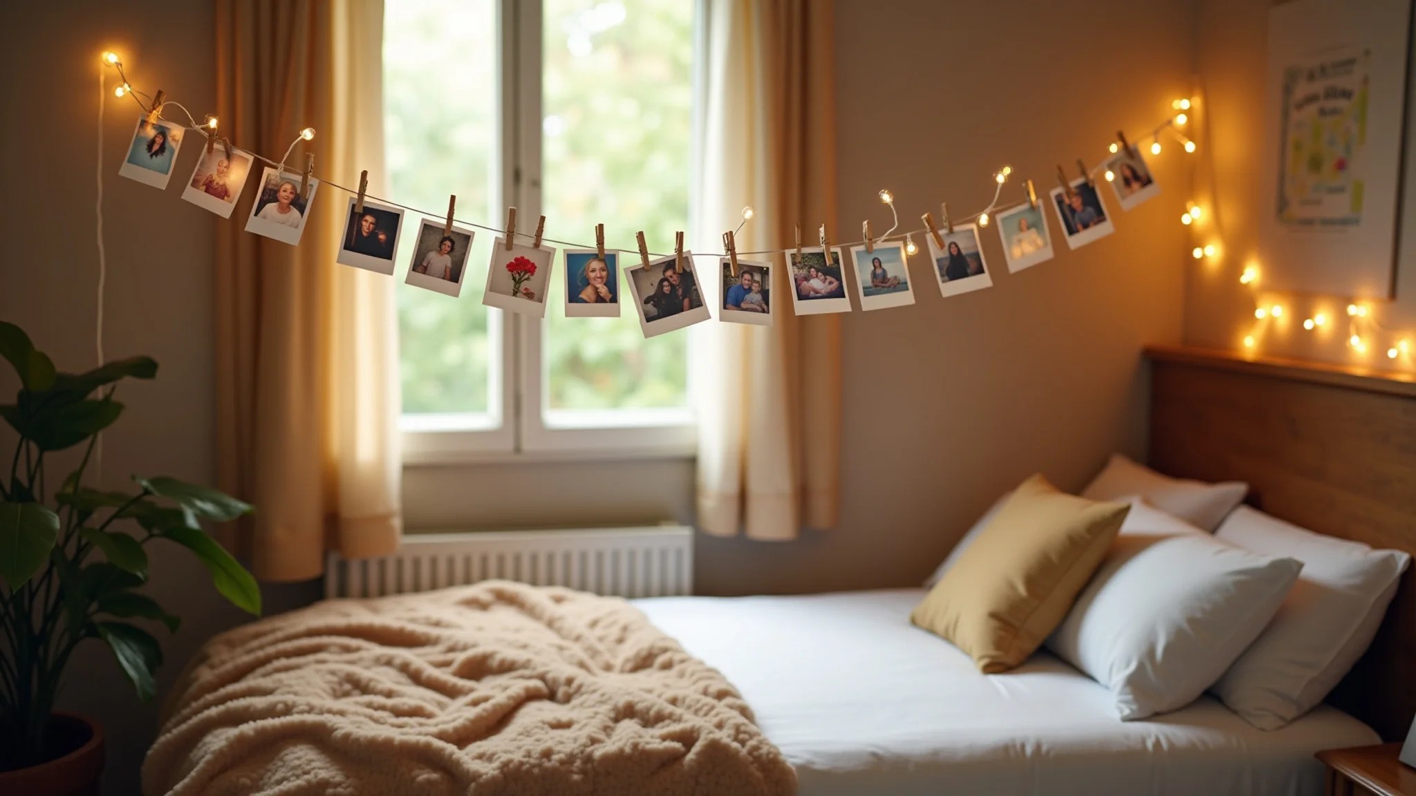 Varal de fotos polaroid com luzes em quarto brasileiro, estilo DIY.