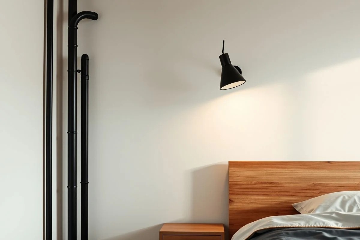 Quarto minimalista brasileiro com eletroduto e luminária