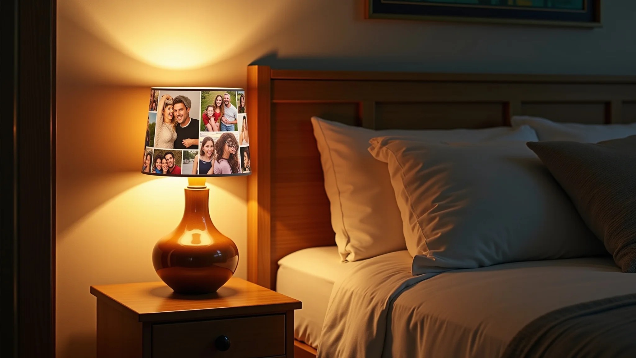 Luminária com fotos personalizadas em quarto aconchegante.