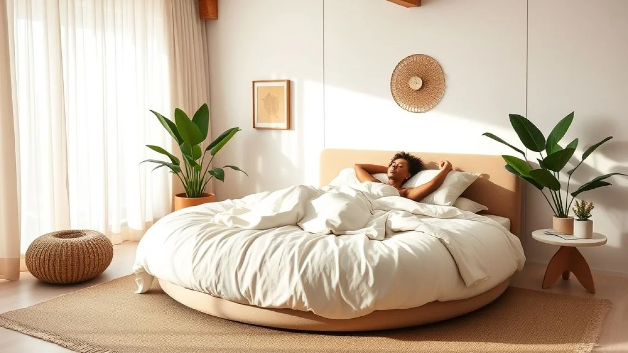 Quarto brasileiro com cama redonda e decoração minimalista.