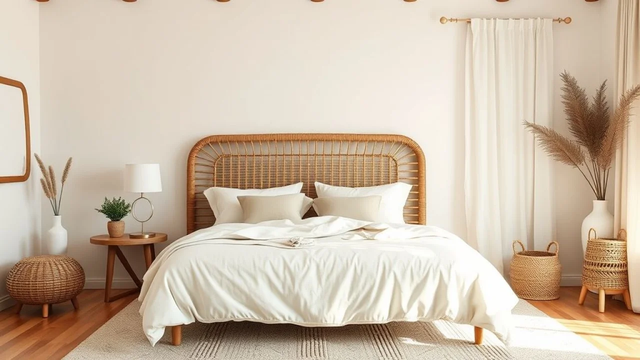 Quarto brasileiro com cama de vime e decoração escandinava. Cores neutras e aconchegante.