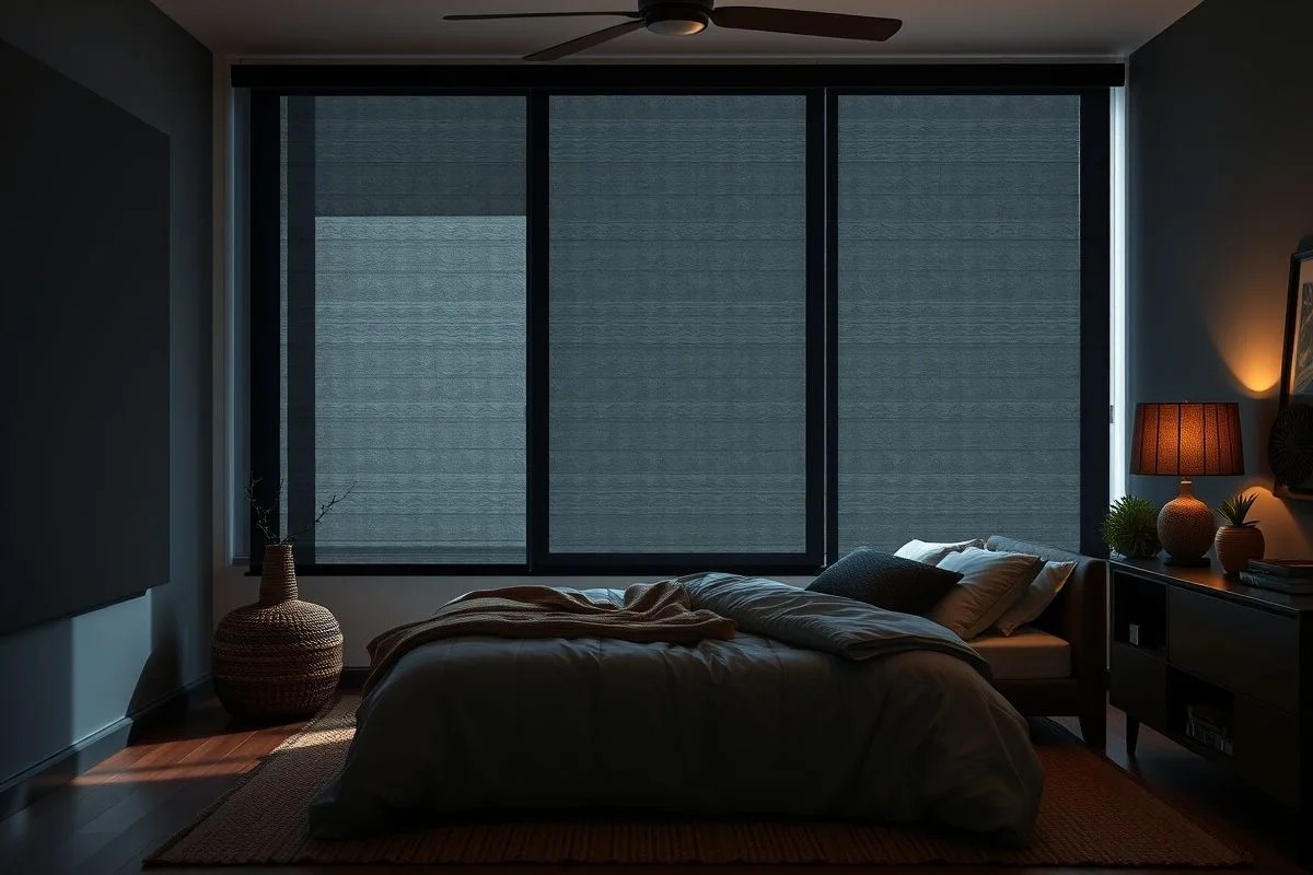 Quarto brasileiro com persiana blackout bloqueando a luz para um sono tranquilo.