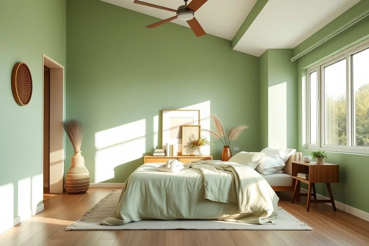 Quarto brasileiro com paredes verde suave e luz natural, design minimalista e relaxante