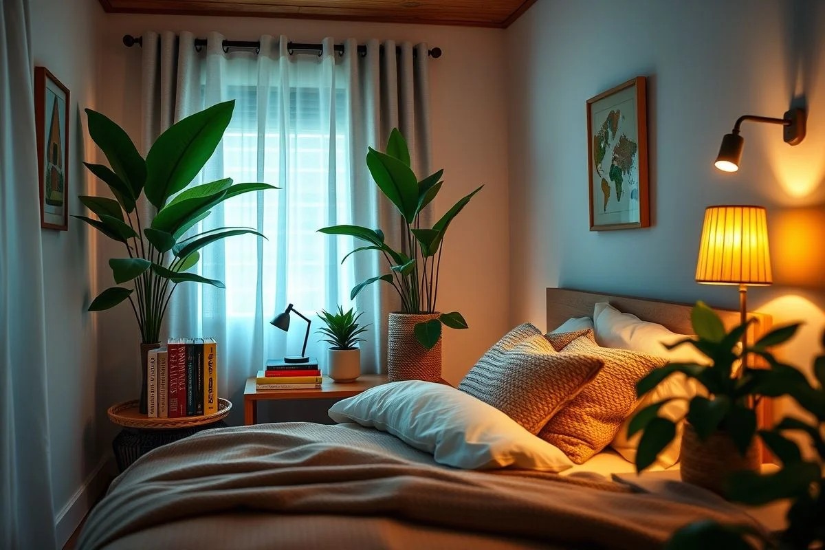 Quarto brasileiro com iluminação suave e abajur na mesa de cabeceira.