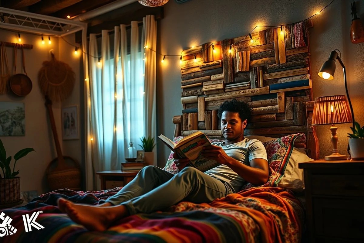 Quarto brasileiro com iluminação aconchegante e cabeceira DIY