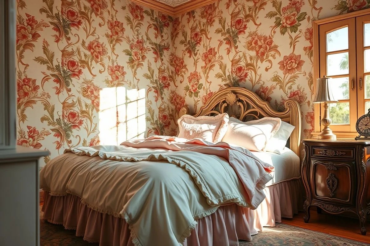 Quarto vintage brasileiro com papel de parede floral e cama aconchegante.