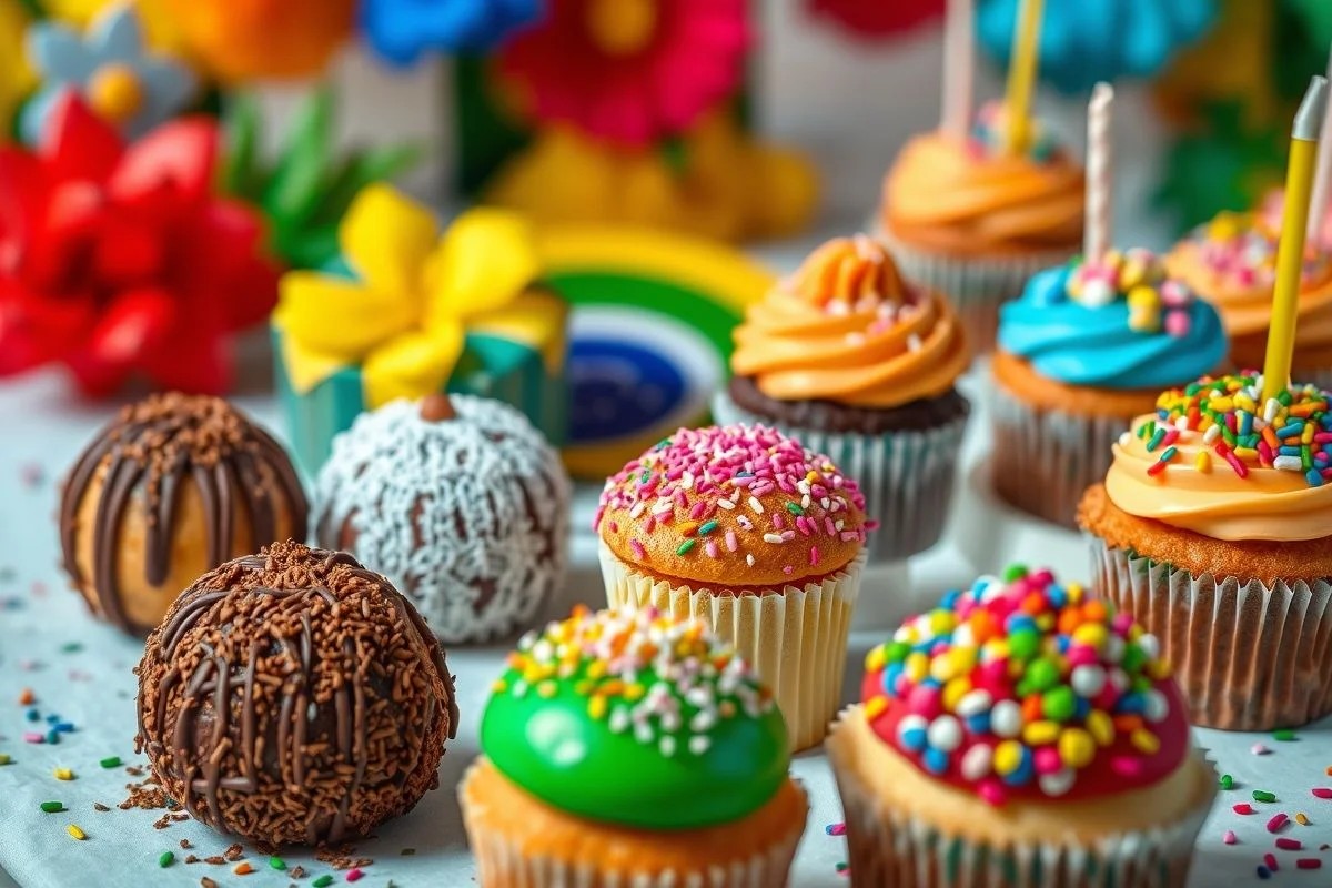 Mesa de doces de festa de aniversário brasileira com brigadeiros e cupcakes.