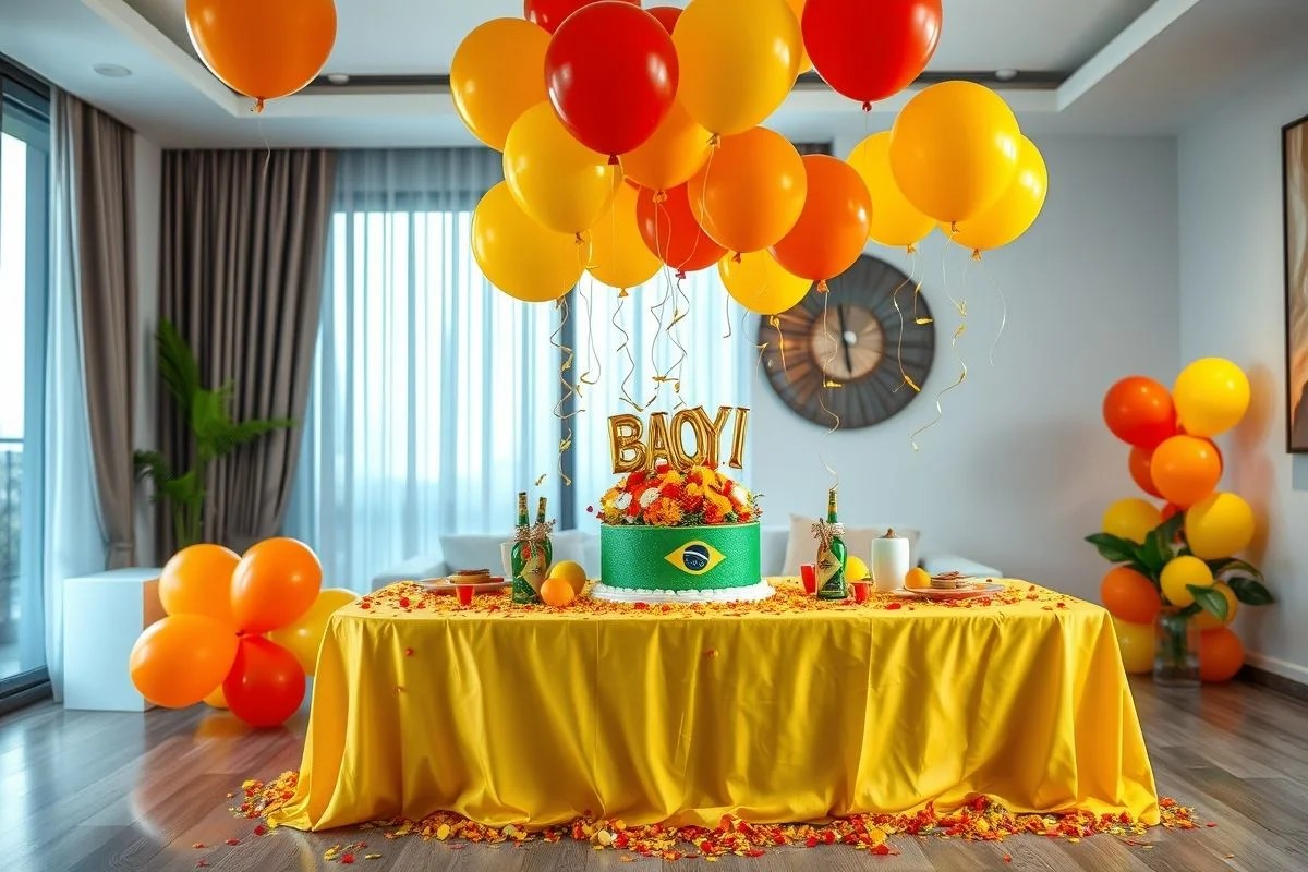 Mesa de aniversário com balões e confetes coloridos, decoração vibrante, Brasil.