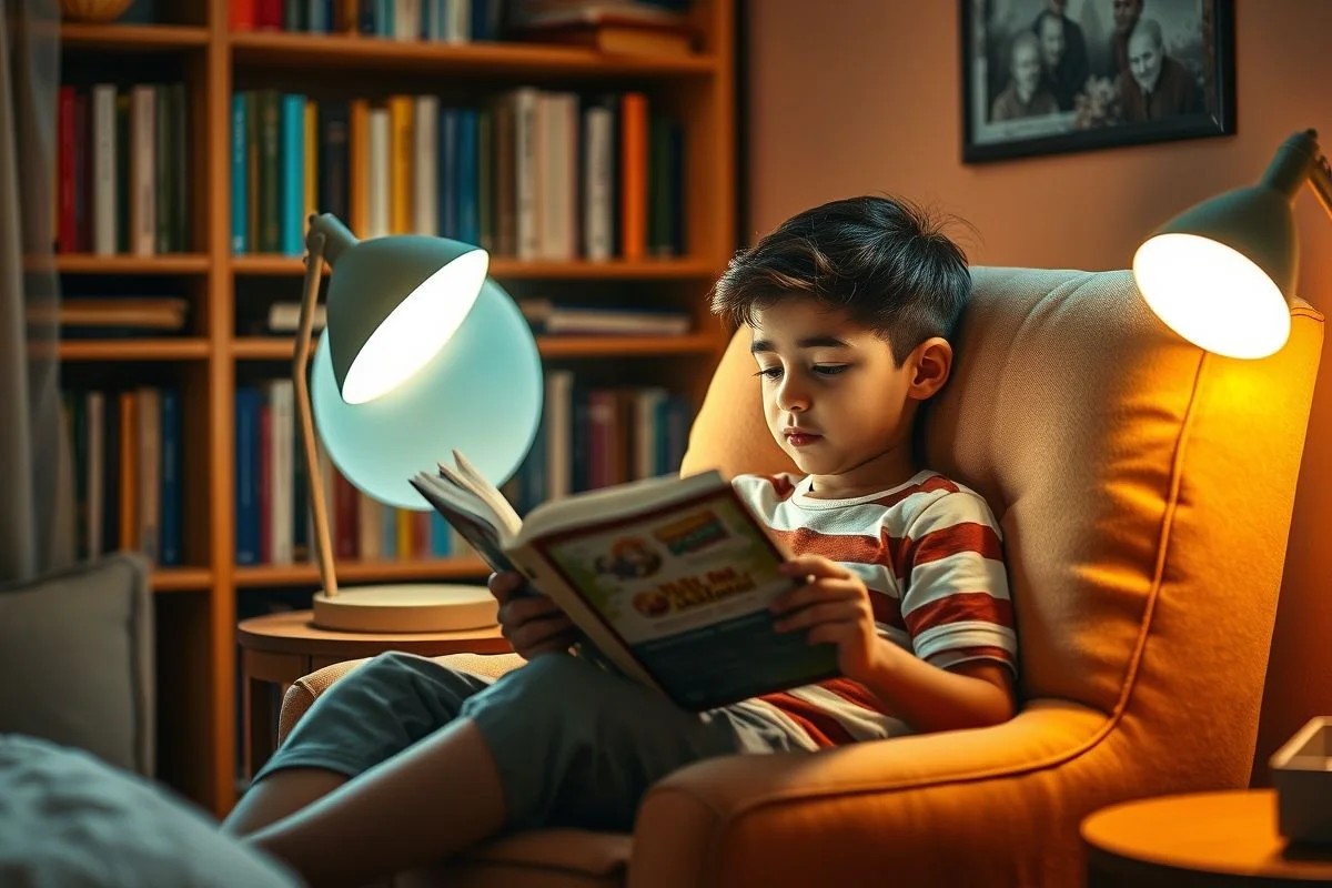 Menino brasileiro lendo em um cantinho aconchegante do quarto com poltrona, luminária e estante de livros.