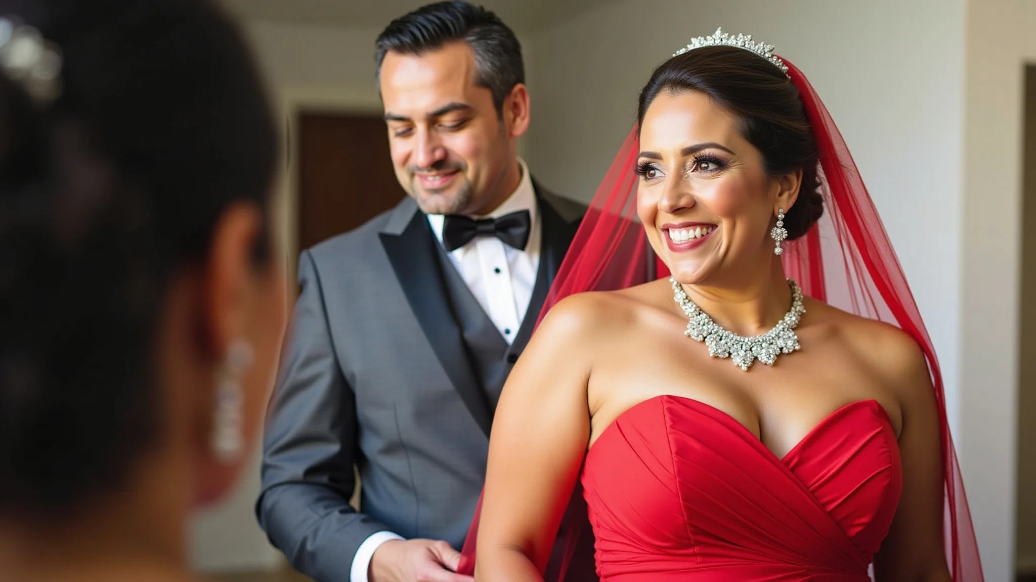 Noiva brasileira em vestido vermelho vibrante e joias elegantes em casamento civil.