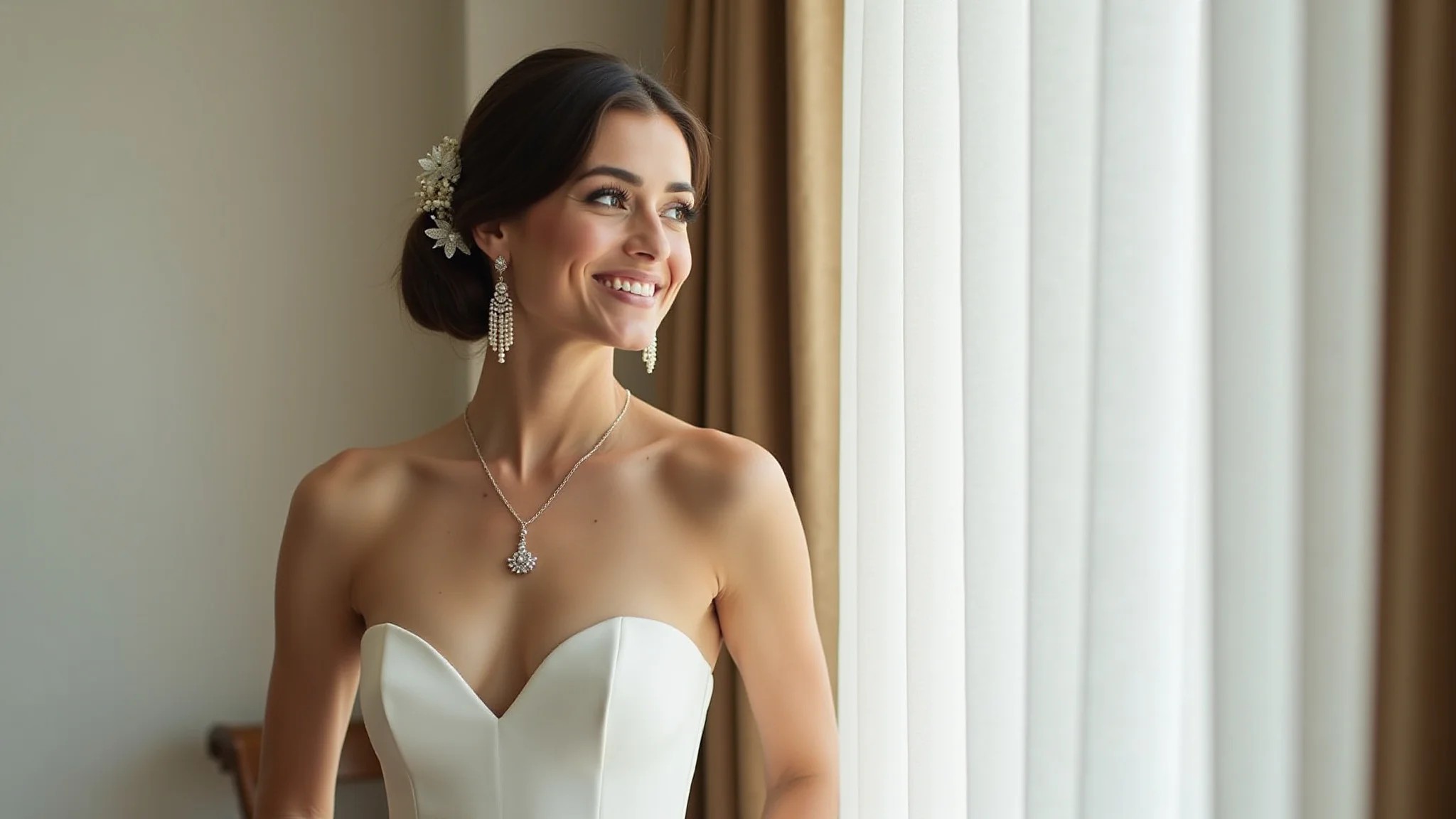 Noiva brasileira com vestido minimalista curto para casamento civil e joias modernas.