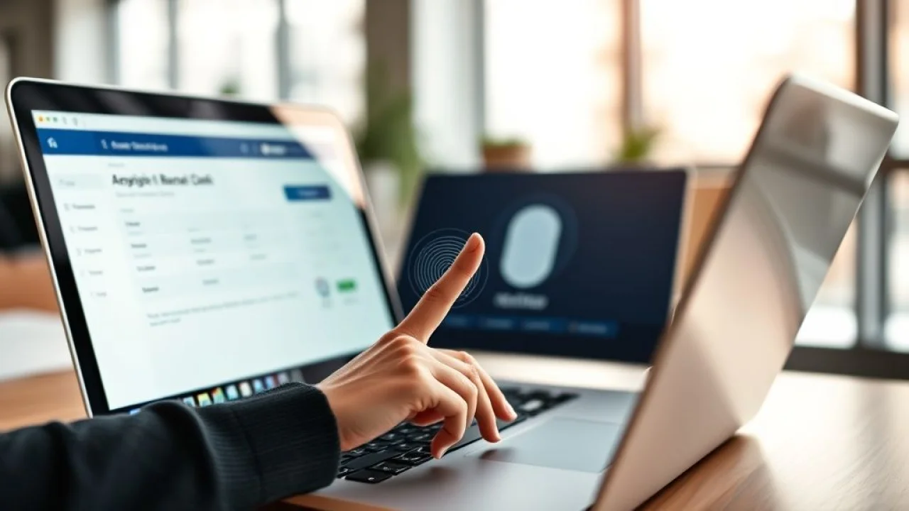 Empresária brasileira autenticando transação bancária com biometria: proteção financeira.
