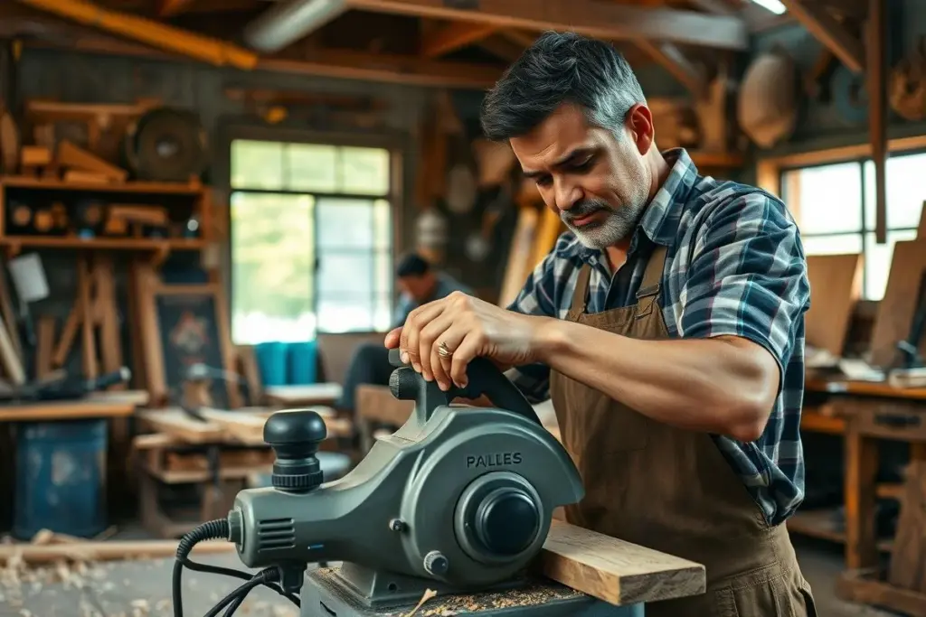 Plaina Elétrica: Como Deixar a Madeira Perfeita Carpinteiro brasileiro ajustando a profundidade de corte da plaina