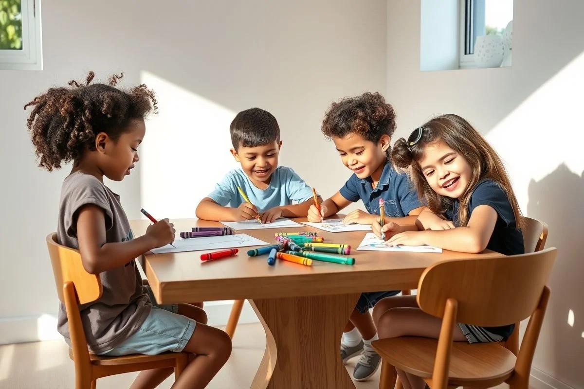 Criança brasileira desenhando em cantinho infantil minimalista com mesa e cadeiras de madeira.