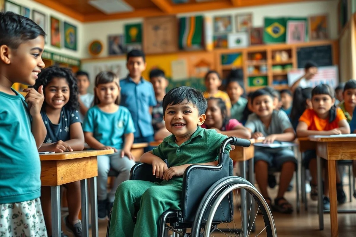 Sala de aula brasileira inclusiva com crianças diversas interagindo.