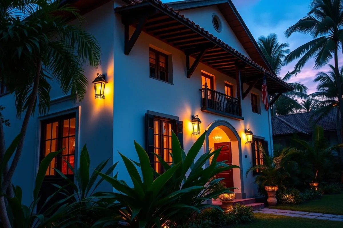 Fachada colonial brasileira iluminada por arandelas, segurança e charme.