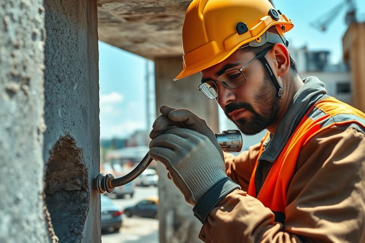 Trabalhador aplicando bucha química em parede de concreto.