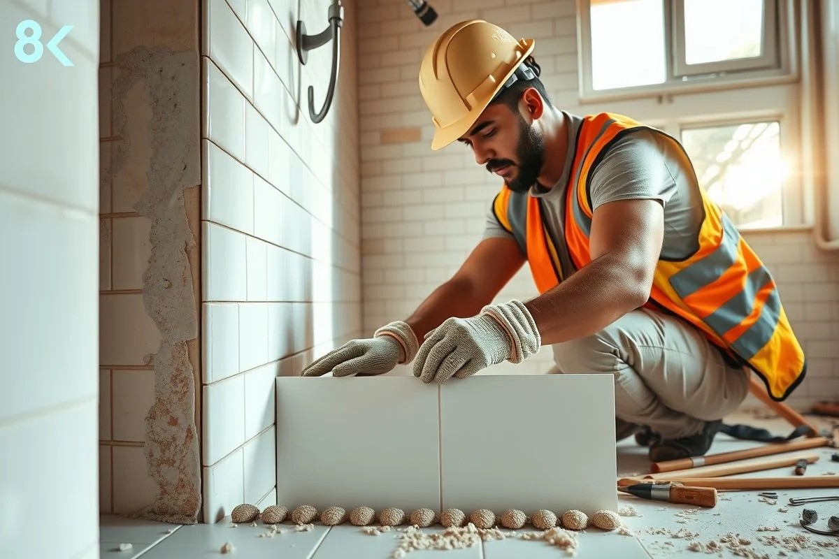 Pedreiro instalando azulejos cerâmicos em banheiro durante reforma.
