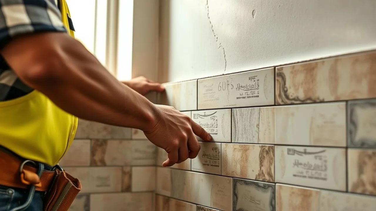 Pedreiro brasileiro instala azulejos em cozinha, foco na precisão do trabalho.