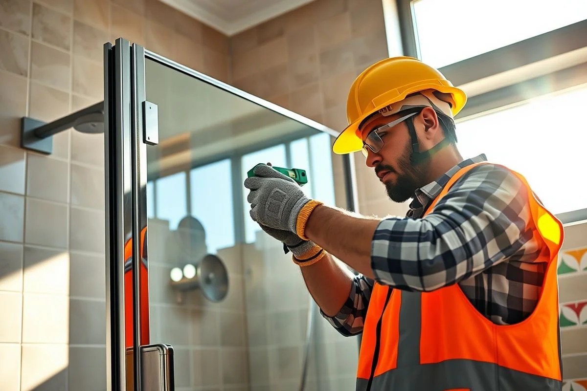 Instalador profissional colocando box Blindex com cuidado