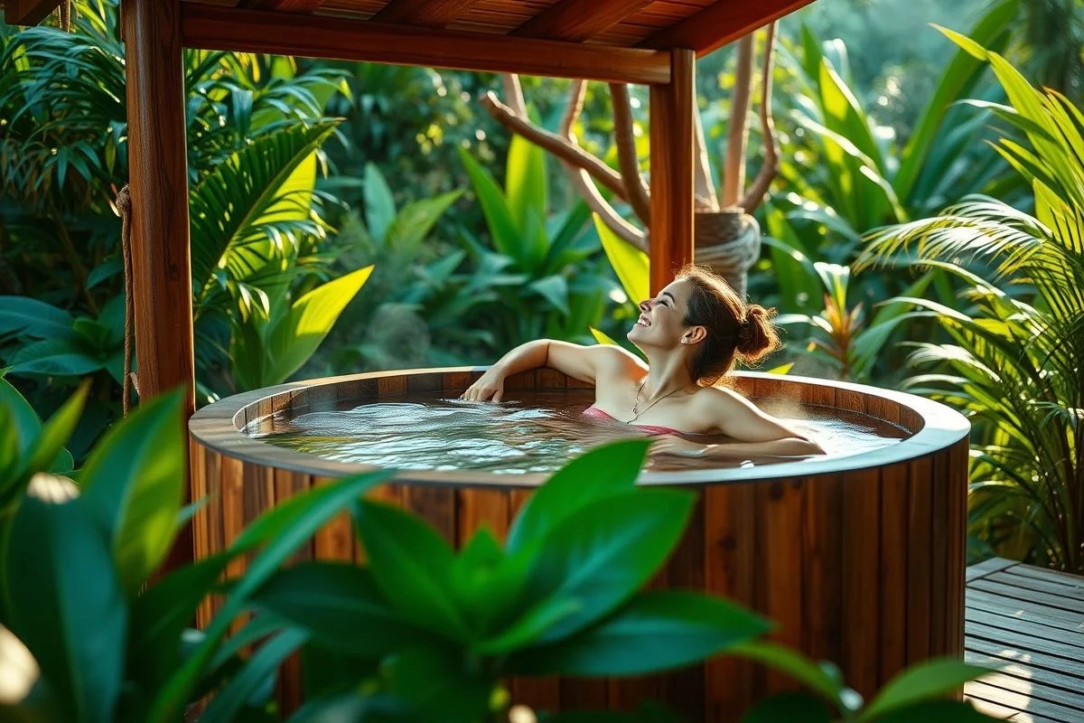 Casal relaxando em ofurô de madeira ao ar livre, Brasil