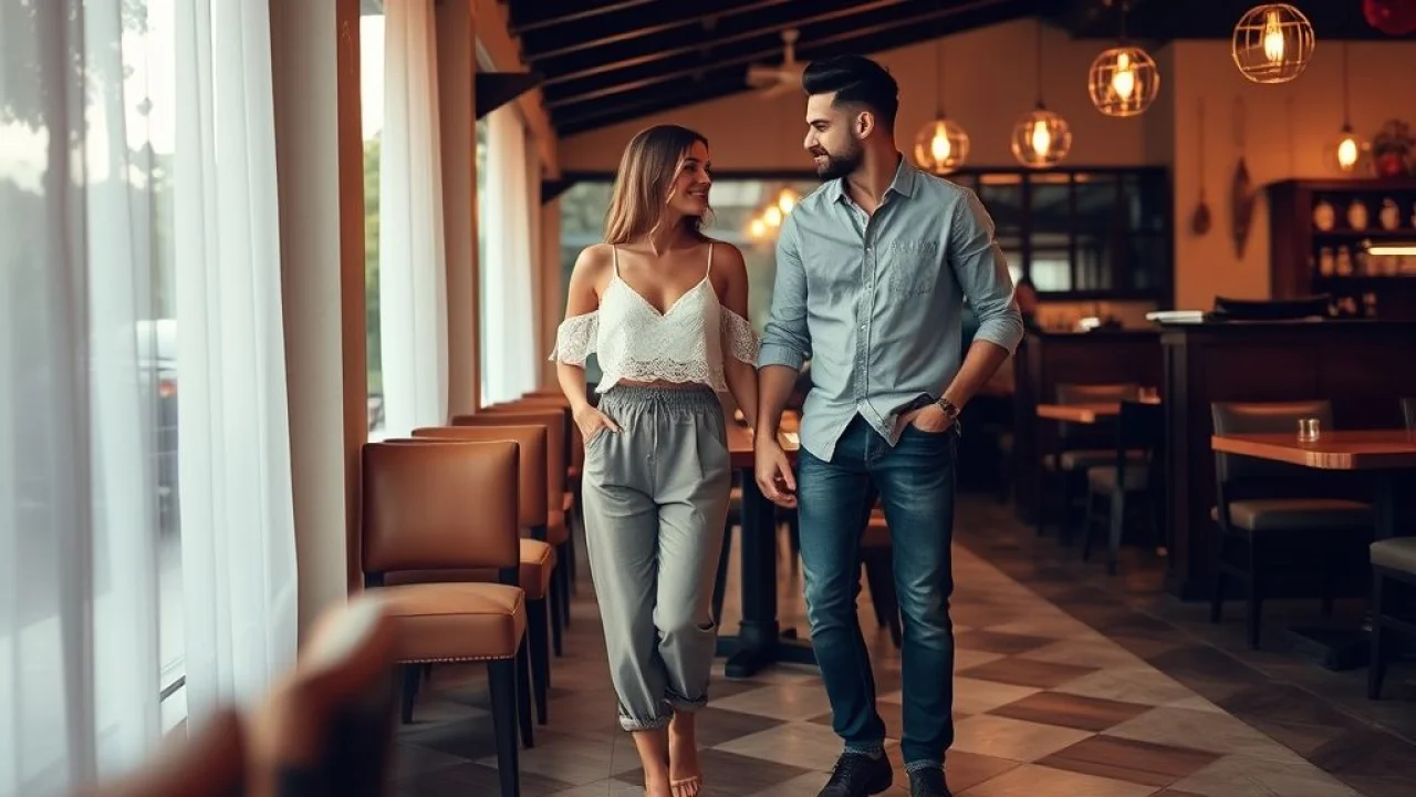 Casal brasileiro em encontro romântico; mulher com calça jogger de viscose.
