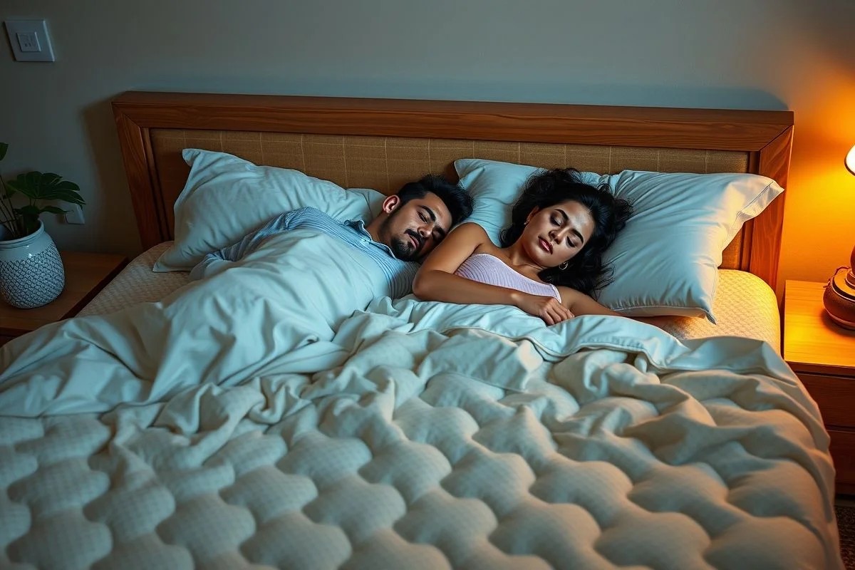 Casal dormindo confortavelmente em cama king size espaçosa.