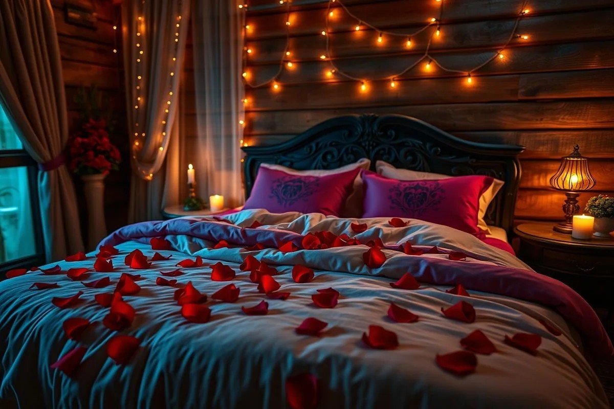 Quarto de casal romântico com iluminação suave, pétalas de rosa e decoração aconchegante.