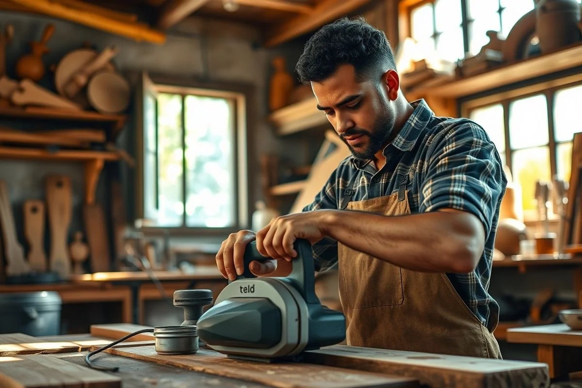 Artesão brasileiro limpando e fazendo manutenção da plaina elétrica