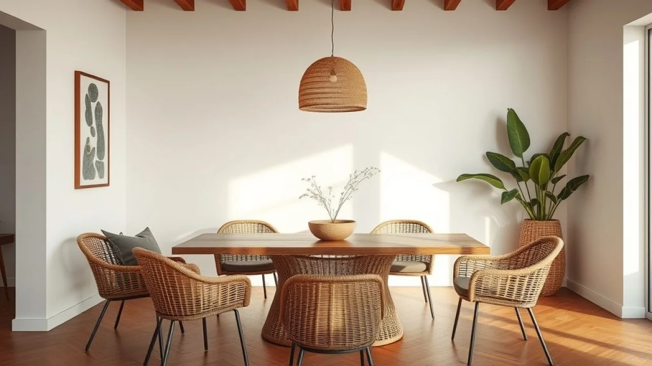 Sala de jantar brasileira com mesa de vime e cadeiras modernas. Estilo minimalista.