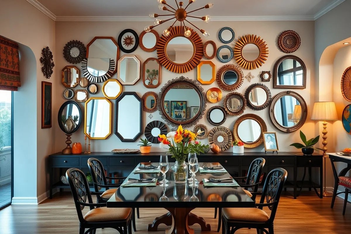 Sala de jantar brasileira com parede de espelhos de formatos diferentes. Decoração eclética e artística.