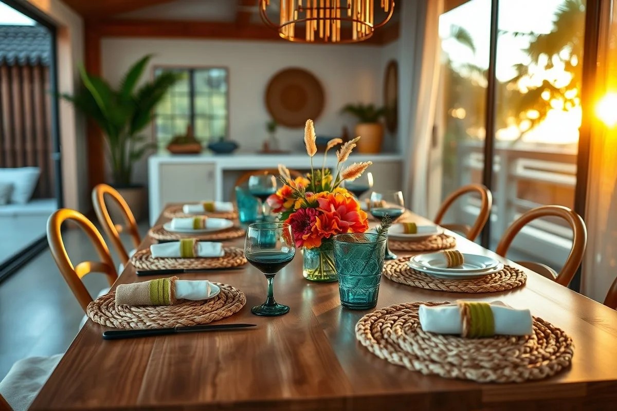 Mesa posta com sousplats de fio náutico, decoração rústica e elegante.