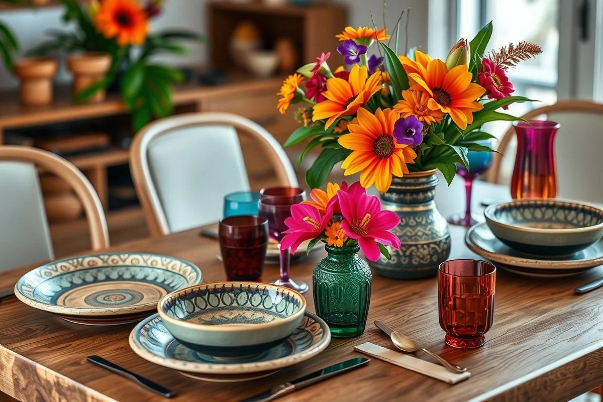 Mesa de jantar brasileira com cerâmica artesanal, flores e cores vibrantes.