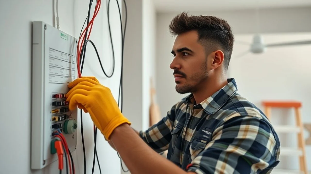 Eletricista trabalhando na fiação elétrica durante reforma no Brasil