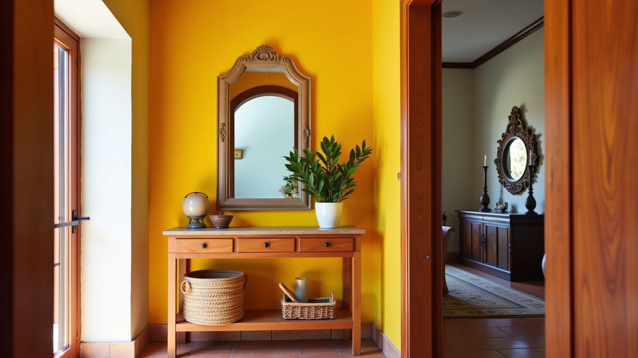 Hall de entrada de apartamento brasileiro, cores vibrantes, console de madeira, espelho e planta.