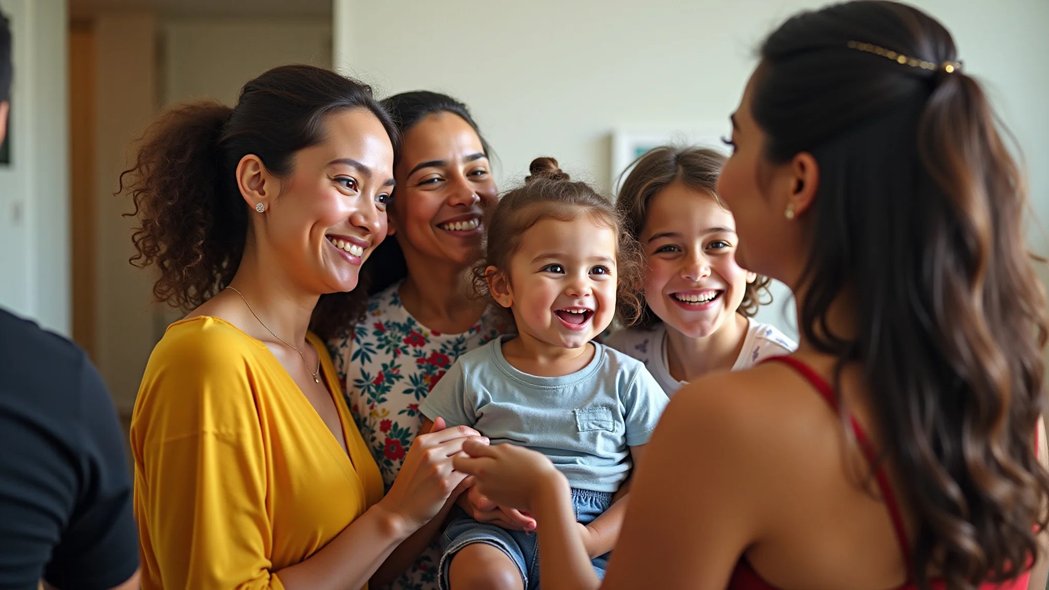 Família brasileira celebrando casamento civil, diversas idades e etnias.