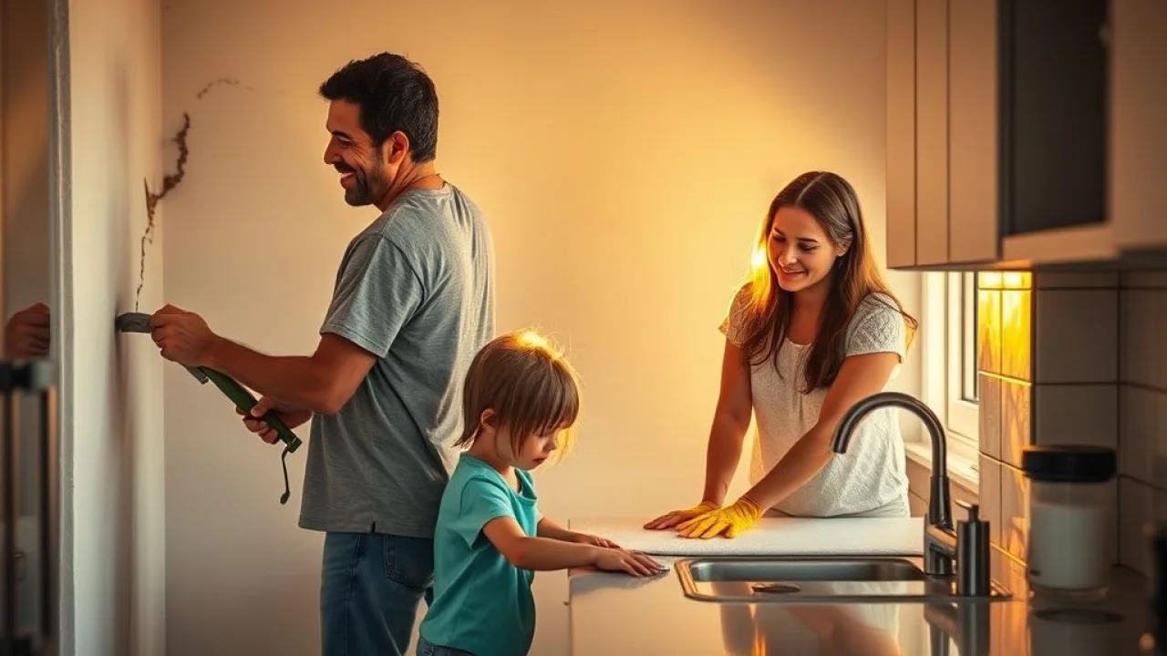 Família brasileira limpando cozinha e vedando frestas para evitar insetos.