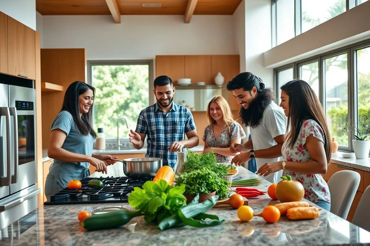 Família brasileira cozinhando junta em cozinha planejada moderna.