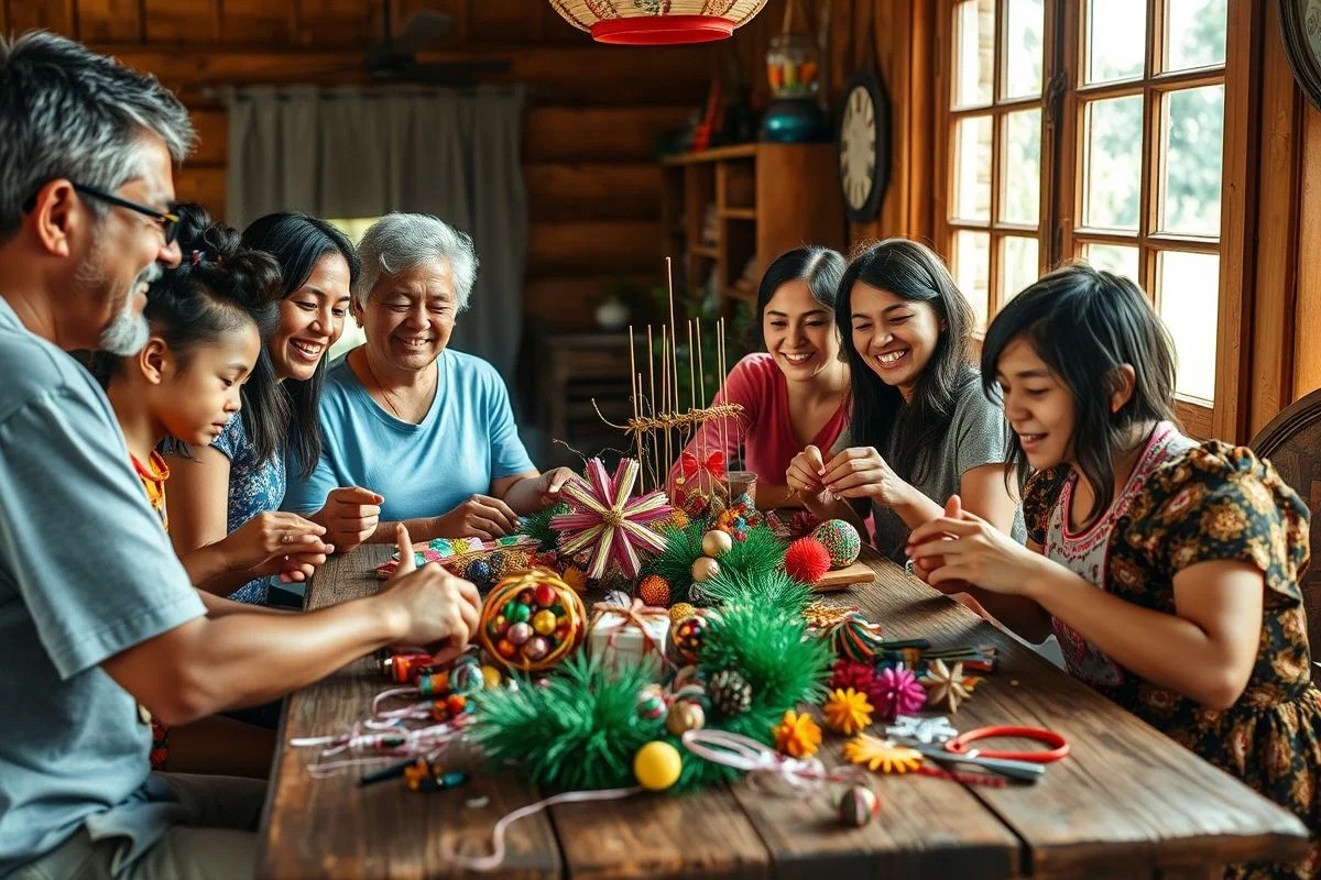 Família brasileira criando enfeites de Natal juntos à mesa, com alegria.