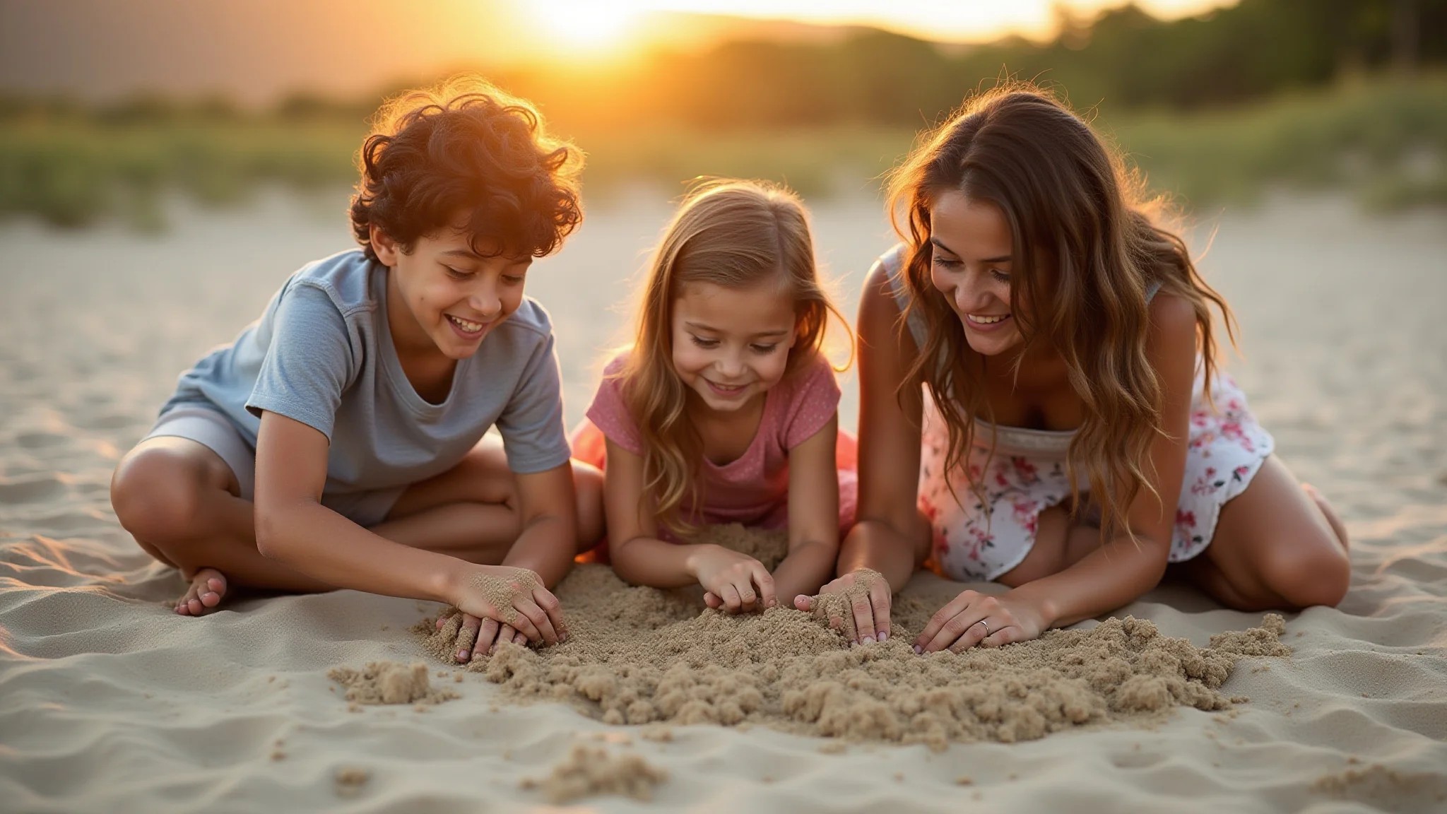 Família brasileira criando arte com areia colorida, clima alegre.